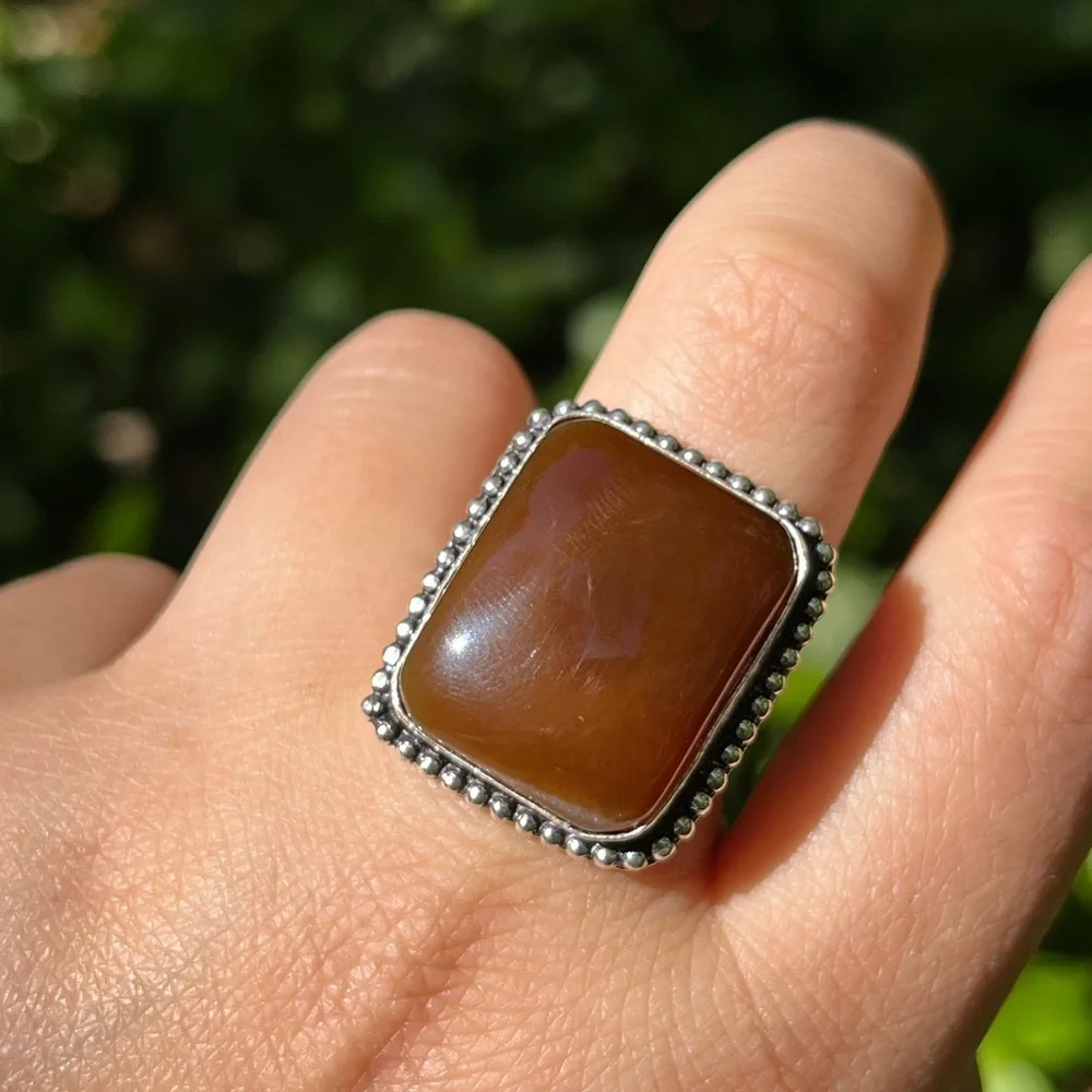 Size 8.25 925 silver plated brown agate square ring‎